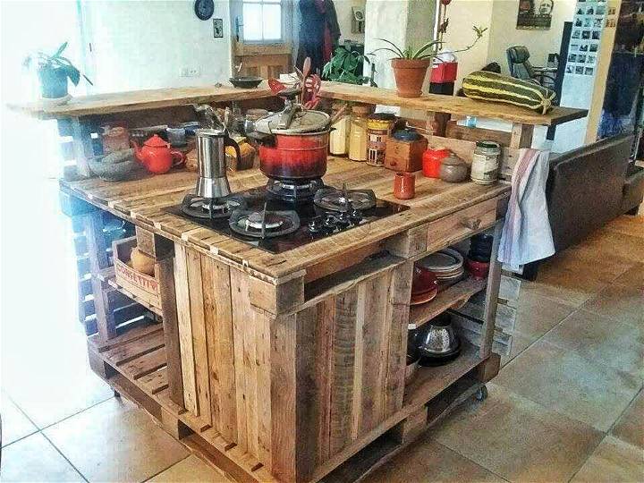 recycled pallet kitchen island with stove