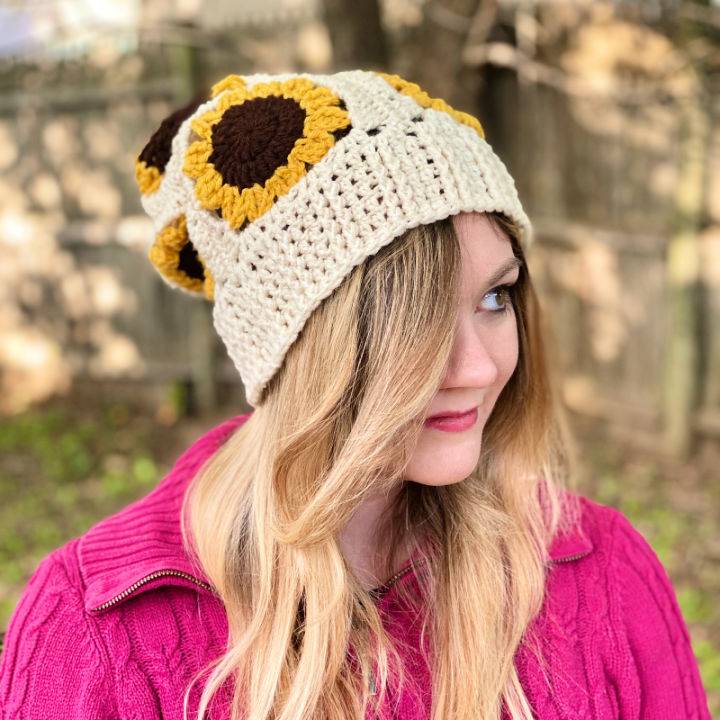 Crochet Sunflower Slouchy Hat Beanie Pattern