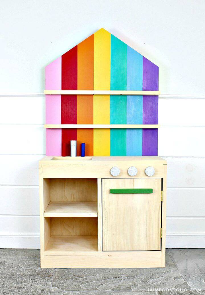 Cute DIY Play Kitchen with Back Wall