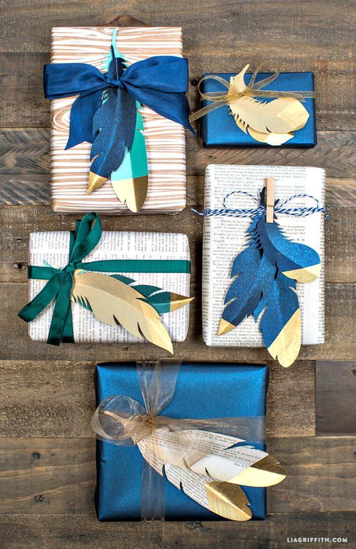DIY Gold Tipped Paper Feathers Gift Wrapping