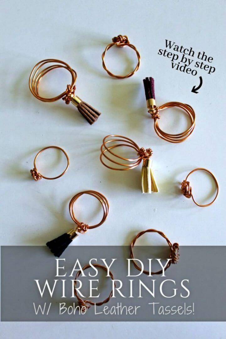 Easy DIY Wire Ring with Leather Tassels, simple twist and coil the metal wire to make these boho rings and then adorn with tassels!