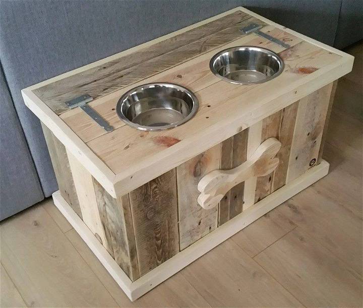 upcycled pallet dog bowl stand with storage