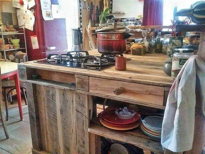 repurposed pallet wood kitchen island with stove