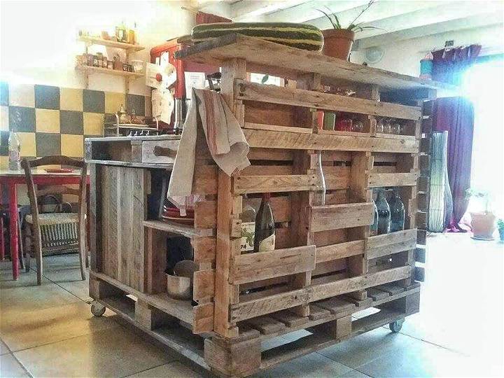 wooden pallet rustic kitchen island with stove