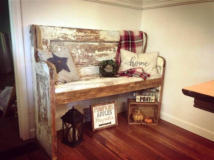 mid century wooden bench made with an old door